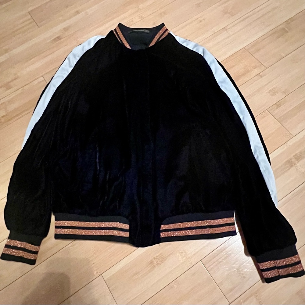 Zara Navy Velvet Floral Embroidered Varsity Jacket